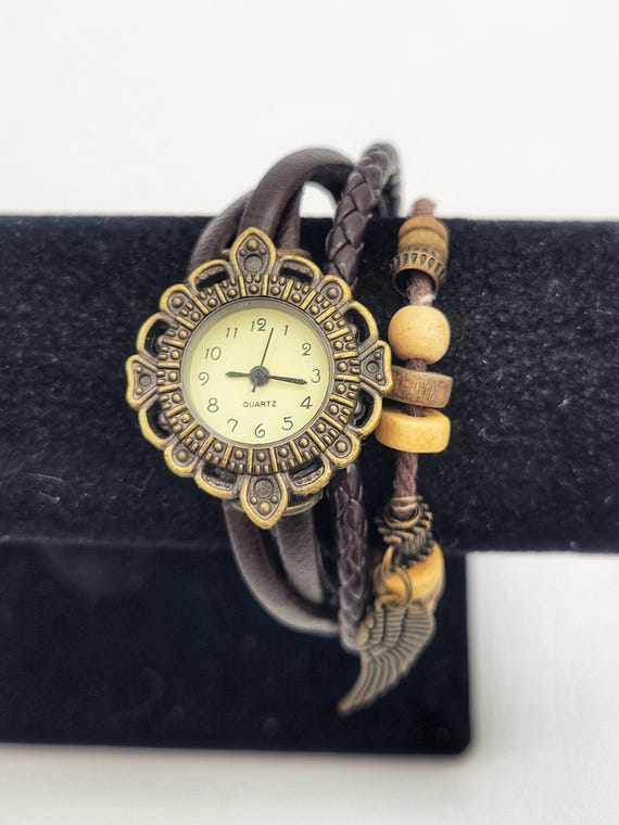 Vintage Antique Gold Tone Slider Watch with 5 Strand Leather Band with Beads & Wing Charm Ladies Bracelet Watch Costume Jewelry Timepiece