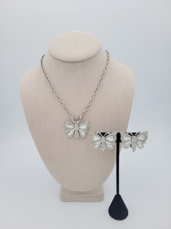Vintage Made in USA Silver Tone Rhinestone Encrusted Butterfly Jewelry Set with Matching Necklace and Clip On Earrings Costume Jewelry Retro