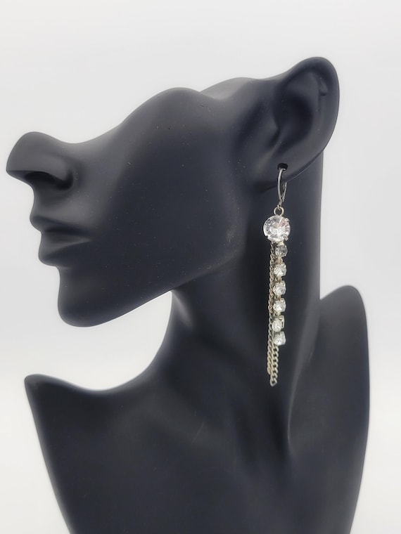 Vintage Antiqued Silver Tone Chain & Rhinestone Dangle Drop Earrings Costume Jewelry Retro Women Statement 3 7/8" Lever Back Posts