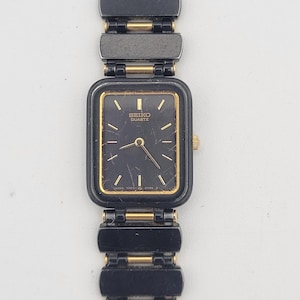 Vintage 1990s Seiko 7320-5969 Black & Gold Tone Rectangle Ladies