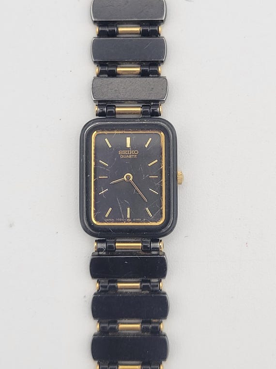 Vintage 1990s Seiko 7320-5969 Black & Gold Tone Rectangle Ladies Cocktail Watch Costume Jewelry Retro Statement Timepiece Wristwatch