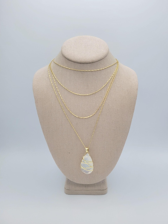 Vintage 4 Strand Long Gold Tone Chain Necklace with Translucent Teardrop Wire Wrapped Pendant Costume Jewelry Retro Women Statement 26 1/2"