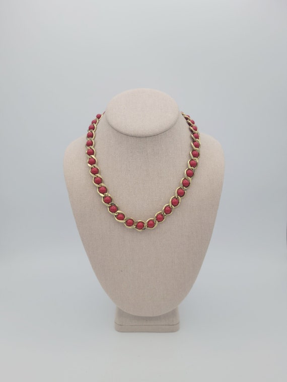 Vintage 1980s Napier Gold Tone Curb Chain Necklace with Strand of Red Beads Costume Jewelry Retro Statement Women 18" Beaded Chrome Shiny