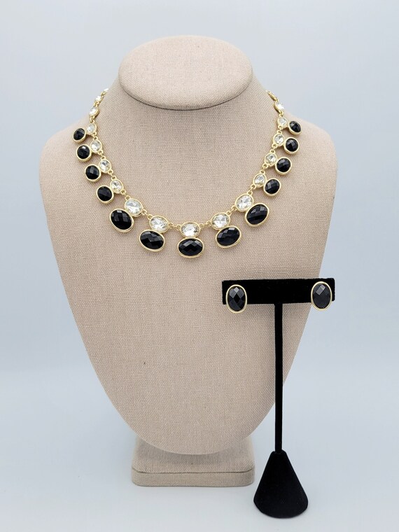 Vintage Napier Gold Tone and Black & Clear Faceted Rhinestone Crystal Jewelry Set with Necklace and Clip On Earrings Costume Jewelry Retro
