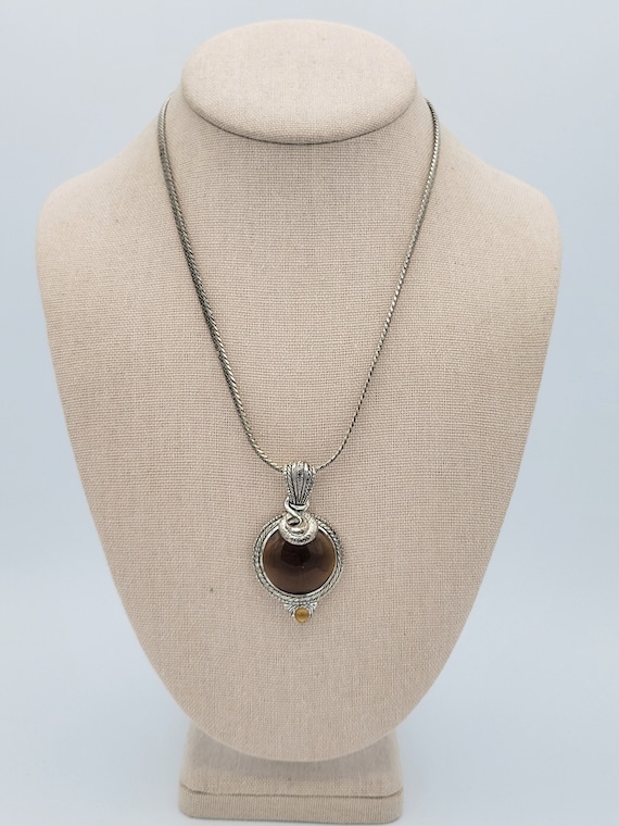Vintage Silver Tone Herringbone Chain Necklace with Bronze Cabochon Pendant Costume Jewelry Retro Statement Women Accessories Round Circle