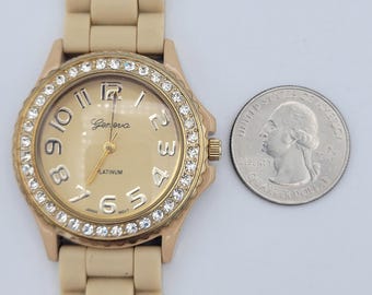 Geneva Platinum Beige Gold Tone Rhinestones Ladies Watch With Silicone Band Costume Jewelry Retro Statement Timepiece Quartz Women Etsy