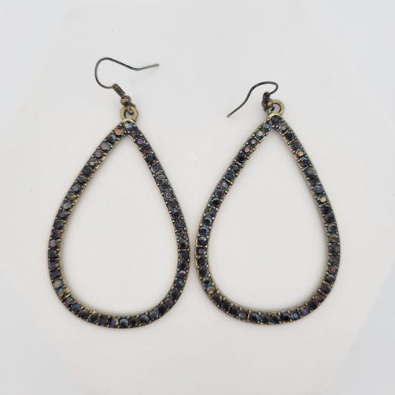 Vintage Antique Gold Tone Openwork Teardrop Dangle Earrings with Black Iridescent Rhinestones Costume Jewelry Retro Women Statement 3"