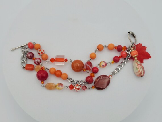 Vintage Silver Tone Three Strand Red & Orange Beaded Chain Bracelet Costume Jewelry Retro Women Accessories Statement Maple Leaf Toggle