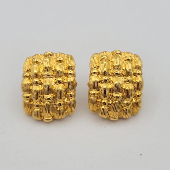 Vintage 1990s Napier Gold Tone Woven Style Domed Rounded Rectangular Stud Earrings Costume Jewelry Retro Women Statement Retro Accent