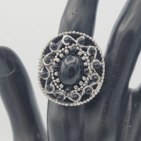 Vintage Silver Tone Openwork Oval Ring with Black Beads & Rhinestones Oversize Cocktail Statement Ring Right Hand Costume Jewelry Stretch