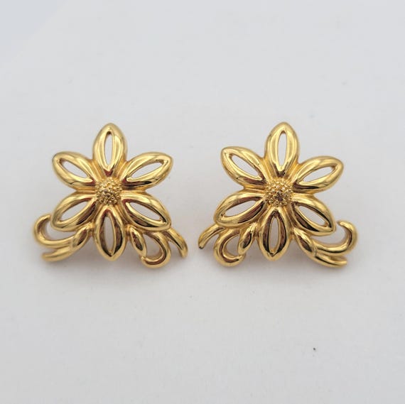 Vintage 1980s Monet Gold Tone Openwork Floral Stud Earrings Costume Jewelry Retro Statement Accent Flowers Petals Vines Whisp Stem Signed