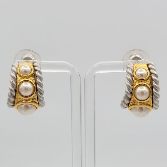 Vintage Monet Two Tone Curved Semi Circle Stud Earrings with Faux Pearl Cabochons Costume Jewelry Statement Accessories Women Loop Hoop