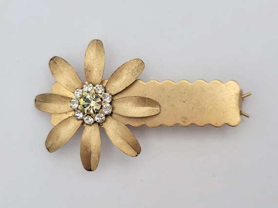 Vintage 1960s Matte Gold Tone Floral Bar Hair Barrette with Rhinestones Clip Costume Jewelry Statement Retro Faceted Sparkle Formal Elegant