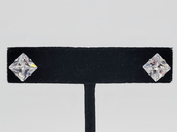 Vintage 9 mm Princess Cut Cubic Zirconia Stud Earrings Costume Jewelry Statement Ladies Small Minimal Diamond Silver Tone Posts Faceted