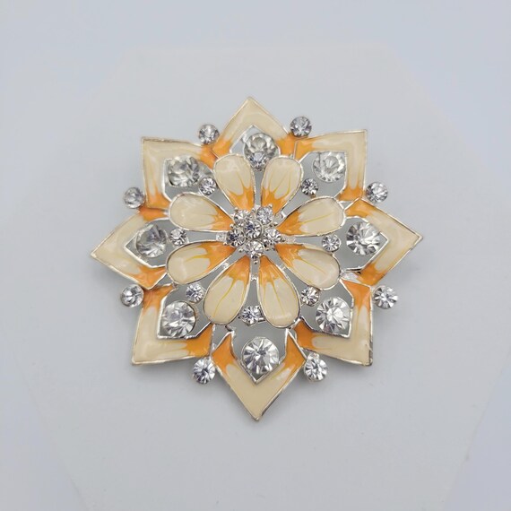 Vintage Oversize Openwork Silver Floral Brooch with Rhinestones and Orange & Cream Enamel Pin Costume Jewelry Retro Women Statement Large
