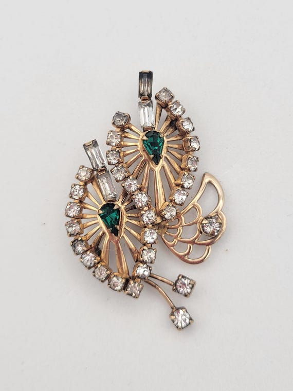 Vintage 1940s Original Phyllis 12K Gold Filled Pendant Brooch with Rhinestones & Faux Emeralds Costume Jewelry Retro Statement Women Pin