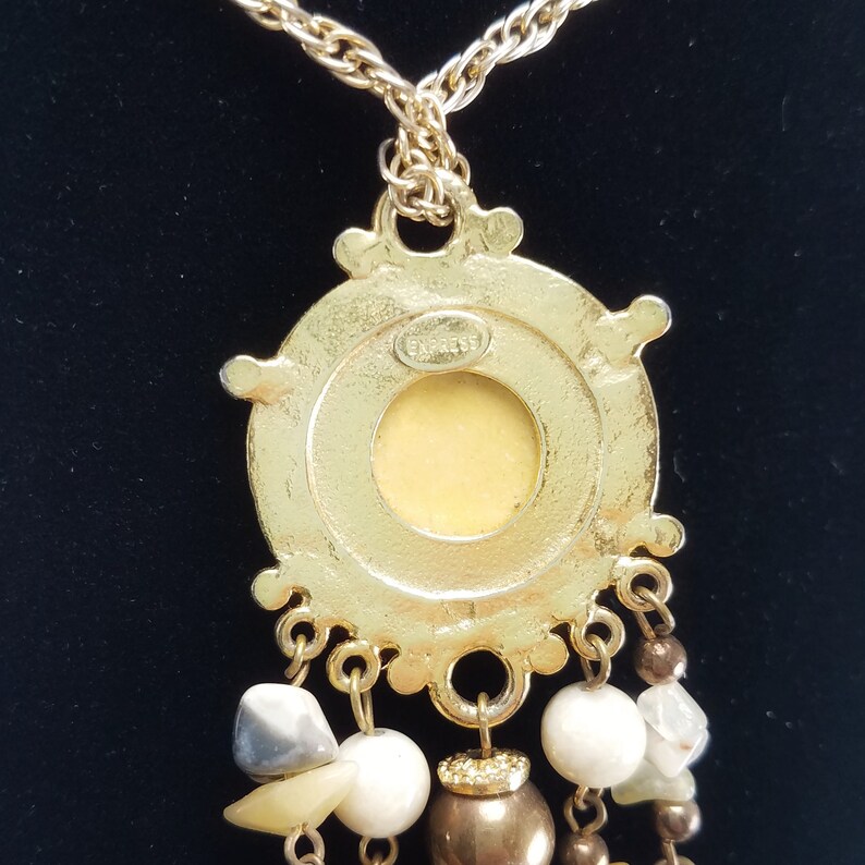 Vintage Express Gold Tone Beaded Circle /& Dangle Pendant with Rope Chain Necklace Costume Jewelry Retro Statement Women Earth Tones