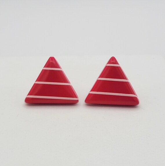 Vintage 1980s Pinkish Red Geometric Triangle Earr… - image 1