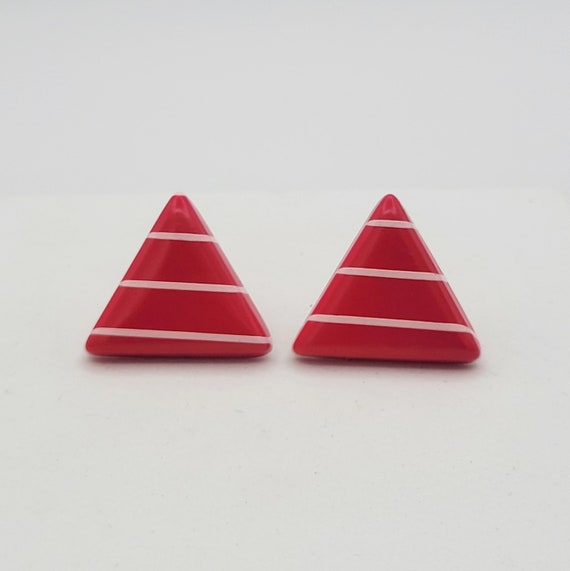 Vintage 1980s Pinkish Red Geometric Triangle Earrings with White Enamel Stripes Costume Jewelry Retro Women Statement Studs Lightweight