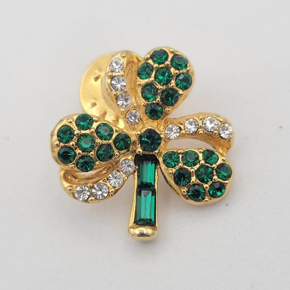 Vintage OTC Gold Tone & Green Rhinestone St. Patrick's Day Shamrock Brooch Pin Costume Jewelry Retro Women Statement Crystals Round Emerald
