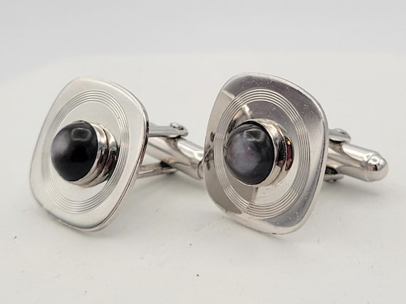 Vintage Anson Chrome Finish Silver Tone Men's Cuff Links with Gray Faux Tigers Eye Costume Jewelry Suit Men's Accessories Accent Square