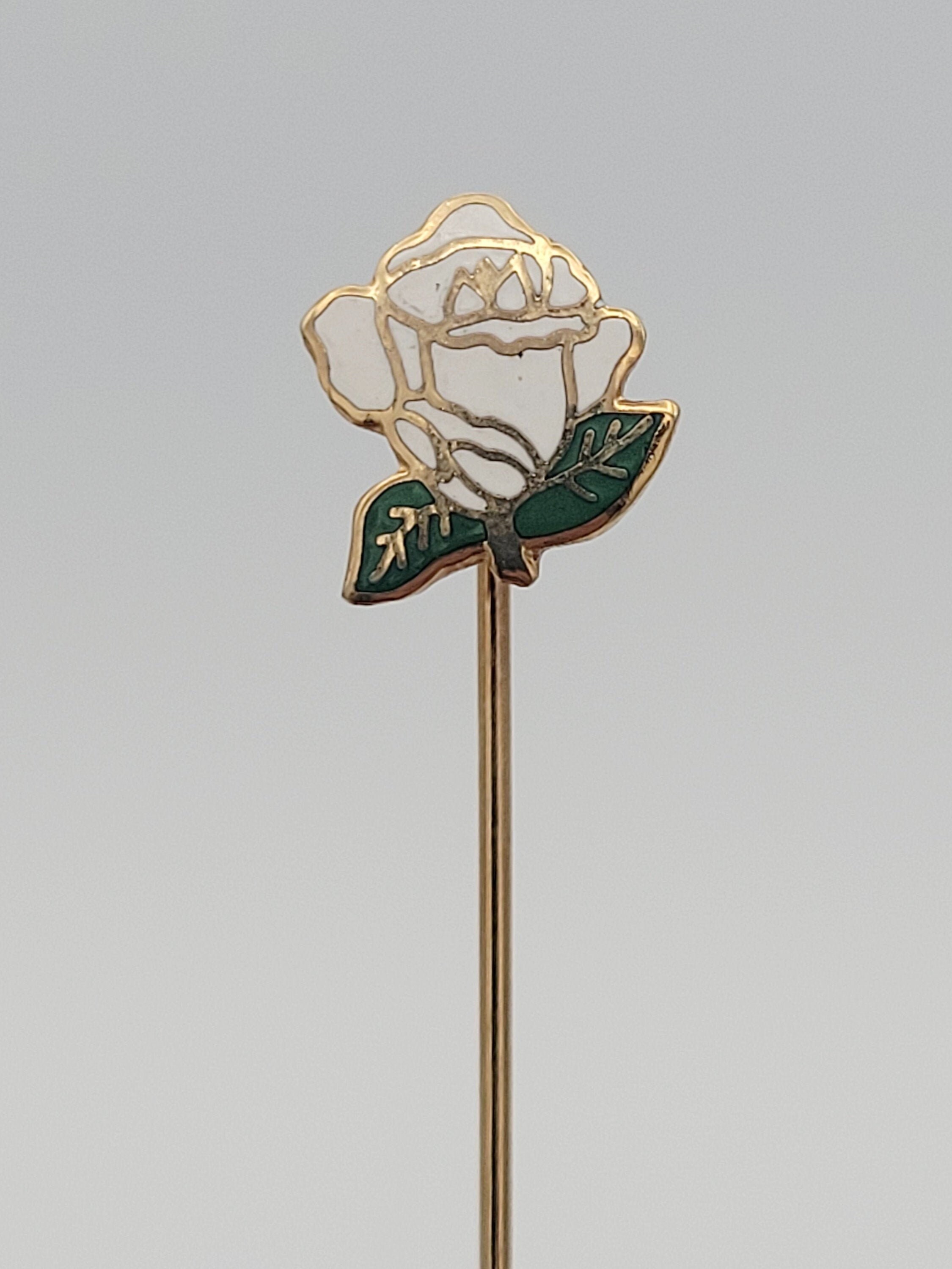Vintage 1970s Gold Tone Cloisonne Stick Pin With White Rose