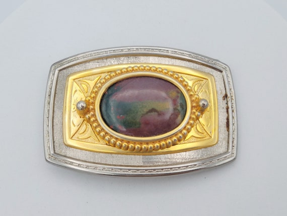 Vintage Two Tone Textured & Filigree Rectangular Belt Buckle with Large Bloodstone Jasper Cabochon Statement Retro Unisex Men Women Red