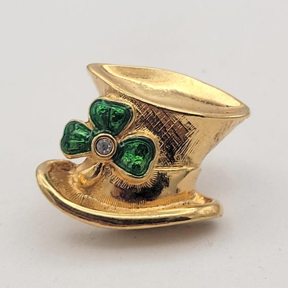 Vintage Avon Gold Tone & Green Enamel St. Patrick's Day Leprechaun Hat Brooch Pin Costume Jewelry Retro Women Statement Sparkle Small Tack