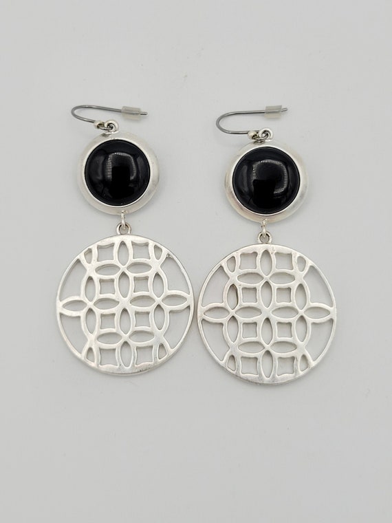 Vintage Silver Tone Openwork Circular Dangle Earrings with Black Enamel Accents Costume Jewelry Retro Statement Women Drop Filigree Art Deco