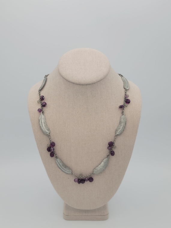 Vintage Liz Claiborne Silver Tone Feather Chain Necklace with Purple Beaded Accents Costume Jewelry Retro Statement Women Long Faceted Deep