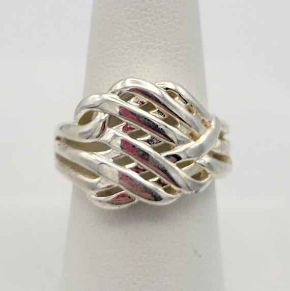 Vintage Silver Wide Openwork Woven Texture Women's Statement Right Hand Ring Band Costume Jewelry Thick Thumb Interlaced Lattice Braid Knot