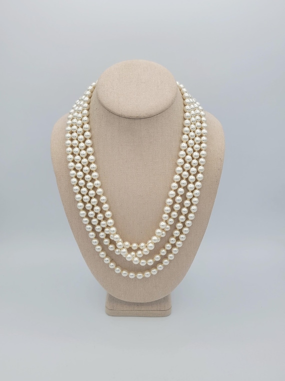 Vintage 90" Single Strand Hand Knotted Round White Faux Pearl Necklace Costume Jewelry Statement Women Stack Layer Doubled Tripled Box