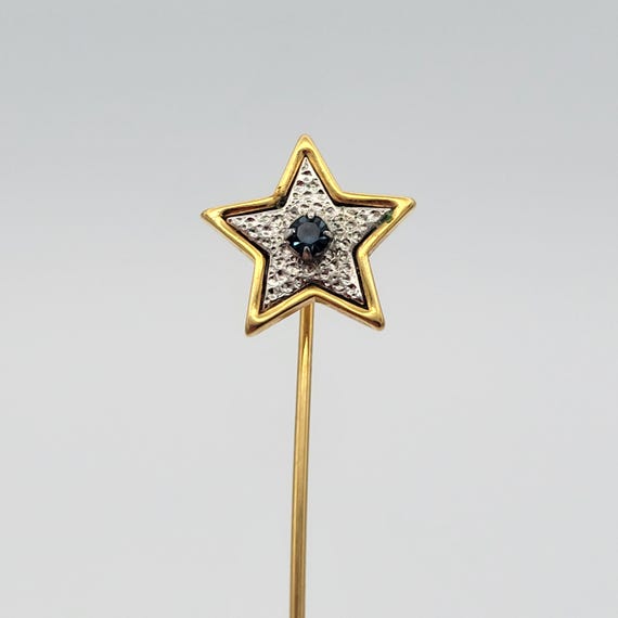 Vintage 1970s Avon Starshine Two Tone Star Shaped Stick Pin with Blue Rhinestone Costume Jewelry Retro Statement Women Straight Hat Brooch