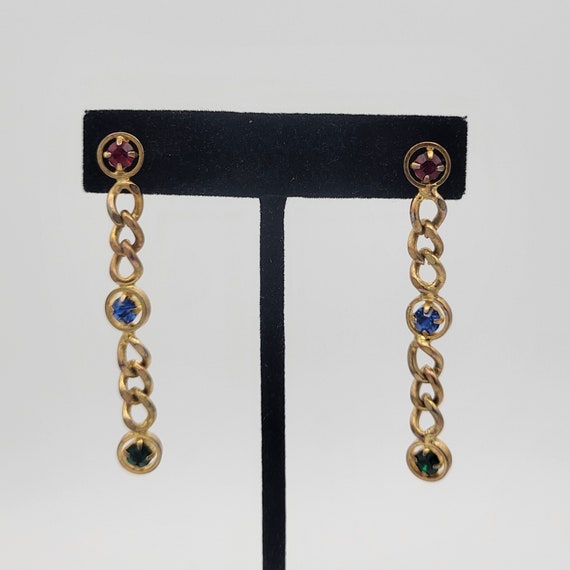 Vintage Gold Tone Curb Chain Dangle Earrings with Red, Blue & Green Rhinestones Costume Jewelry Women Statement Retro Single Strand Openwork