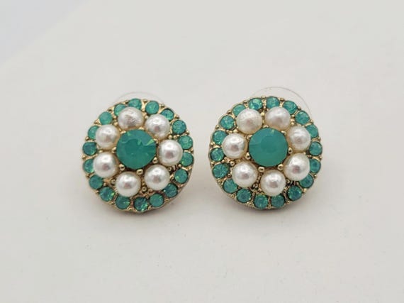 Vintage Gold Tone Domed Button Stud Earrings with Faux Pearls & Green Rhinestones Costume Jewelry Women Statement Retro Small 3/4"