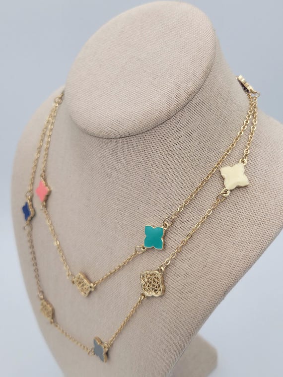 Vintage Amrita Singh Gold Tone Cable Chain Necklace with Multicolored Clover Links Costume Jewelry Retro Statement Women Accessories 42"