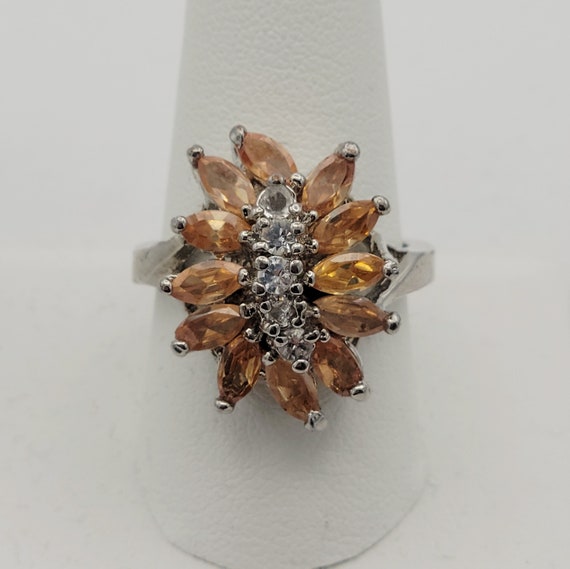Vintage Silver Tone Faux Citrine & CZ Cluster Statement Ring Right Hand Costume Jewelry US 9 3/4 Cocktail Cubic Zirconia Orange Peach Round