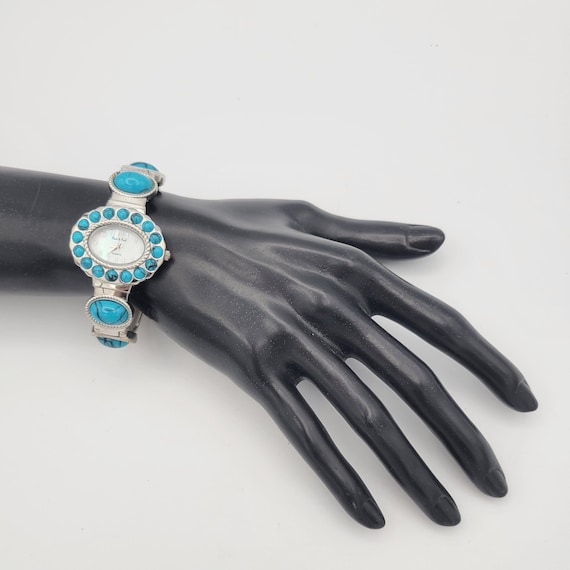 Vintage Peck & Peck Silver Tone Faux Turquoise Oval Ladies Cuff Watch Gruen Embassy Costume Jewelry Women Statement Chunky Oversize MOP