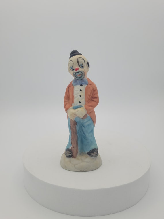 Vintage Porcelain Clown with Cane Figurine Retro Collectibles Orange Jacket Blue Pants Black Hat Bow Tie Circus Hobo Painted
