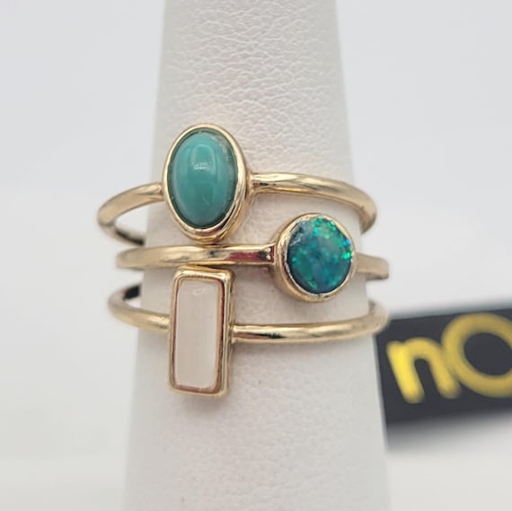 Vintage NEW with Tag Noir Set of 3 Gold Tone & Faux Moonstone Turquoise Stackable Rings Costume Jewelry Retro Statement US Size 6 1/2