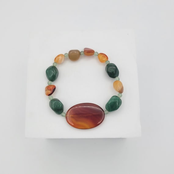 Vintage Agate & Dyed Quartz Beaded Stretch Bracelet Costume Jewelry Retro Statement Accessories Women Brown Green Orange Oval Bohemian