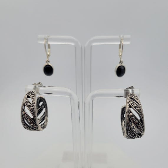 2 Pair of Vintage Silver Tone Earrings Black Cabochon Dangles & Marcasite Hoops Costume Jewelry Retro Women Statement Accessories