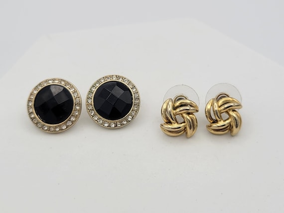 Two Pairs of Vintage Gold Tone Stud Earrings Costume Jewelry Statement Accessories Women Black & Clear Rhinestones Pinwheels Circle Round