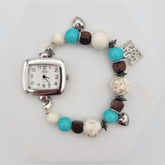 Vintage Rectangular Silver Tone Beehive Swap Watch with Faux Turquoise, White & Wood Beaded Band Ladies Bracelet Costume Jewelry Statement