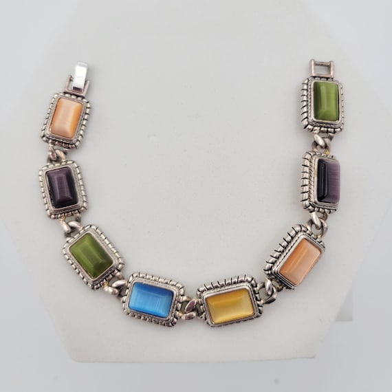 Vintage Premier Designs Lollipop Silver Tone Multi-Color Stone Bracelet Costume Jewelry Retro Statement Women Black Enamel Rectangle