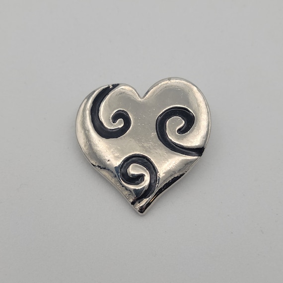 Vintage Silver Tone & Black Enamel Swirl Heart Shaped Brooch Costume Jewelry Retro Statement Women Pin Heavy Chrome Shiny Mirror Valentine's