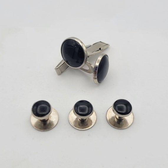 Vintage 1970s Silver Tone & Black Cabochon Tuxedo Cuff Links and 3 Shirt Studs Costume Jewelry Suit Men's Accessories Buttons Onyx
