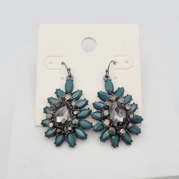 Vintage NEW Lane Bryant Teal & Black Rhinestone Dangle Earrings Costume Jewelry Retro Women Statement 2" Marquise Pear Round Opaque Green