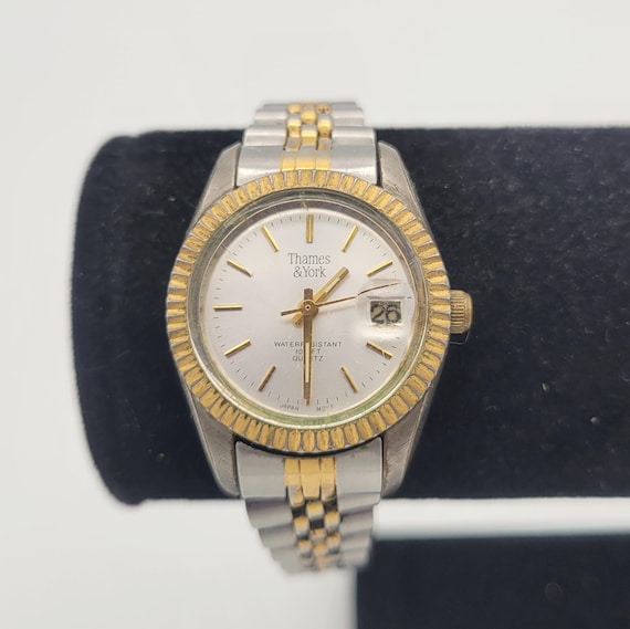 Vintage Thames & York Two Tone Ladies Bracelet Watch Costume Jewelry Women Statement 26 mm Textured Water Resistant Date Dial Fold Over Band