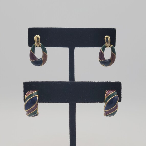 Set of 2 Vintage 1990s Gold Tone & Jewel Tone Enamel Earrings Hoops and Dangles Costume Jewelry Statement Retro Accessories Women Green Blue